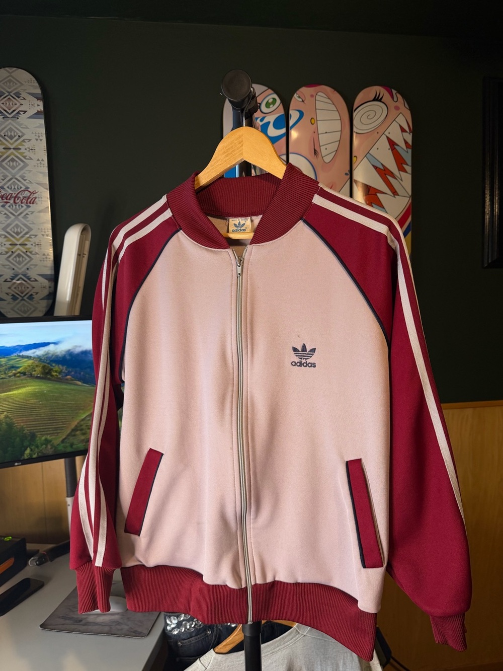 Vintage adidas Pink Jacket with Burgundy Ribbed Collar size large